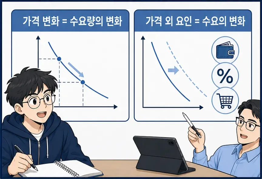 셋째 컷 — 가격 변화는 수요량의 변화, 가격 외 요인은 수요의 변화로 곡선 자체가 이동한다.